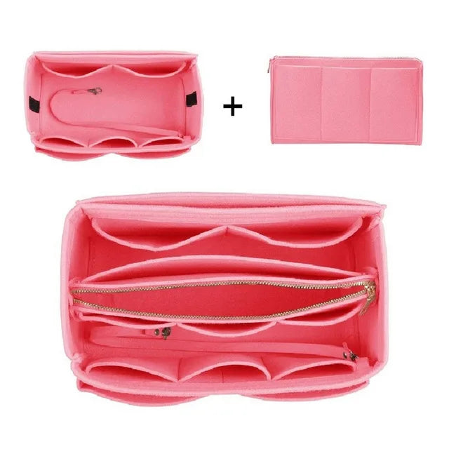 A pink felt cosmetic organizer pouch shown in three views: a closed pouch, an open pouch, and a separate rectangular pouch.
