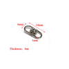 A close-up view of a metal swivel keychain hook with a secure clasp, showing dimensions and thickness.