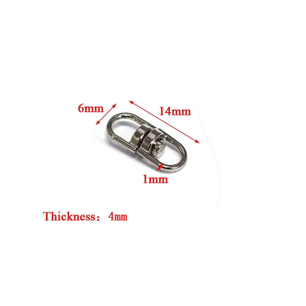 A close-up view of a metal swivel keychain hook with a secure clasp, showing dimensions and thickness.