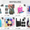 A grid of best-selling reusable tote bags in various colors and patterns, including floral, geometric, and solid colors.