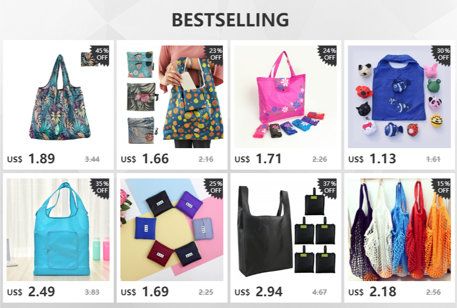 A grid of best-selling reusable tote bags in various colors and patterns, including floral, geometric, and solid colors.