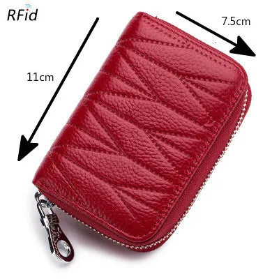 A red genuine leather RFID women's travel wallet with a zipper closure shown from above.