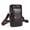 A dark brown genuine leather crossbody phone pouch and belt bag with a zipper closure.