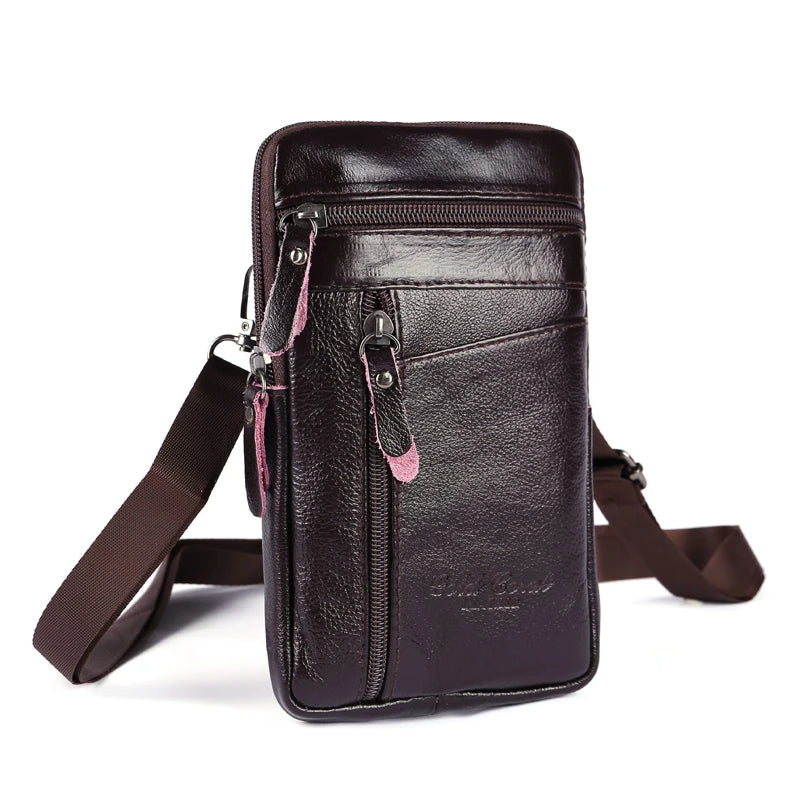 A dark brown genuine leather crossbody phone pouch and belt bag with a zipper closure.