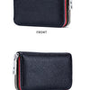 A black genuine leather accordion card holder wallet shown from the front and back views.