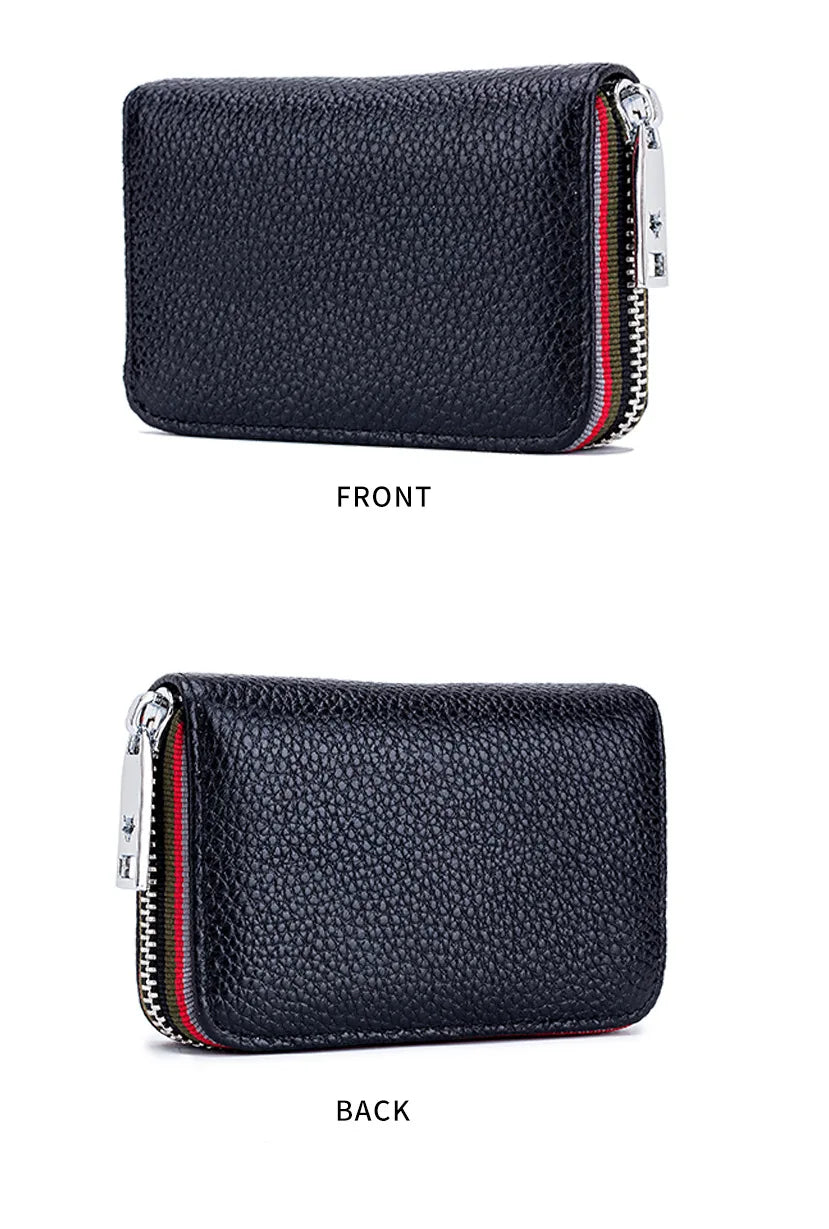 A black genuine leather accordion card holder wallet shown from the front and back views.