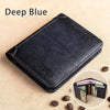 A black genuine leather RFID blocking wallet shown in a top-down view on a light background.