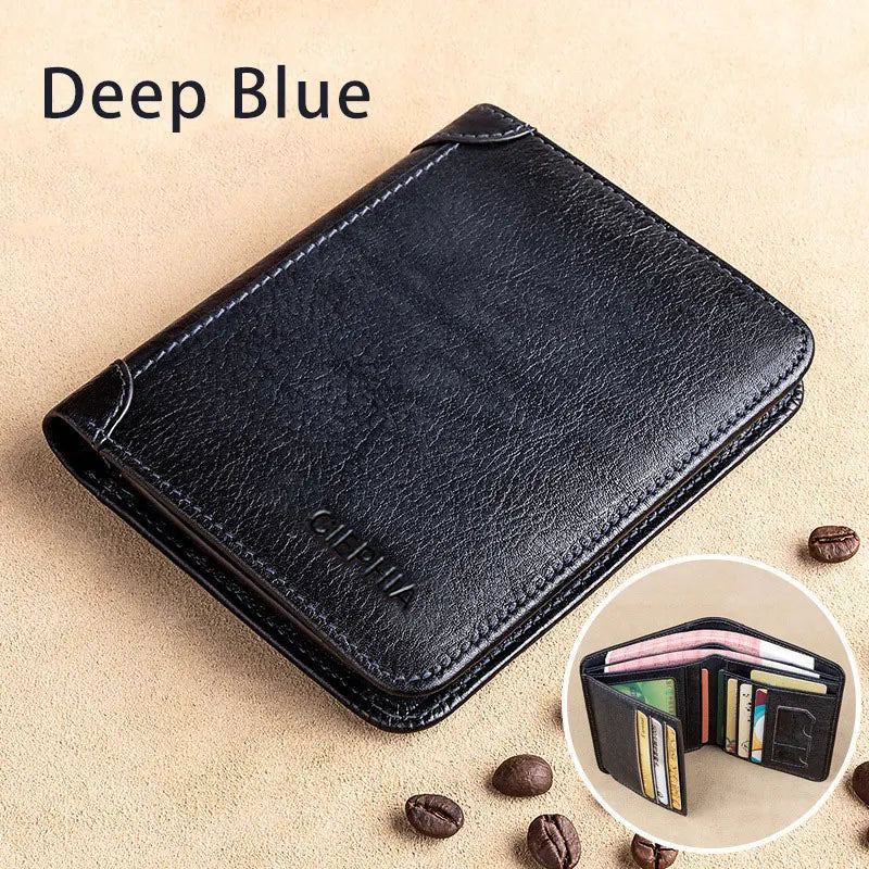 A black genuine leather RFID blocking wallet shown in a top-down view on a light background.