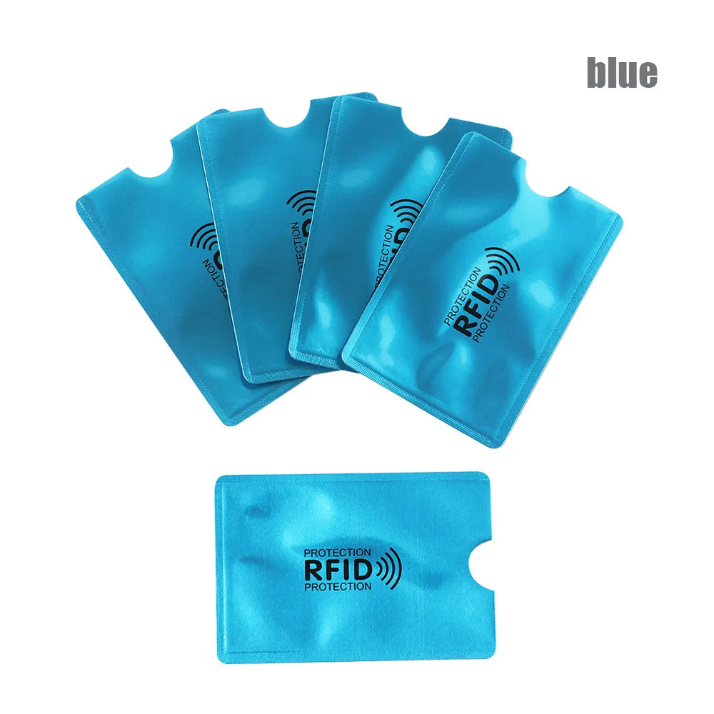 Blue RFID blocking card sleeves displayed in various angles and a single sleeve.