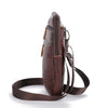 A brown genuine leather crossbody phone pouch and belt bag with a flap closure and adjustable strap.