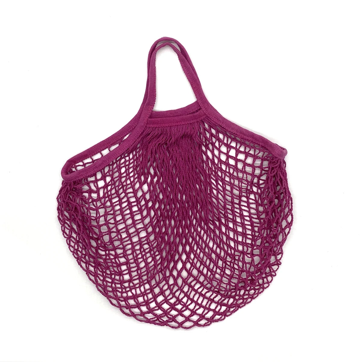 A deep magenta reusable organic cotton mesh grocery tote bag with a drawstring closure.