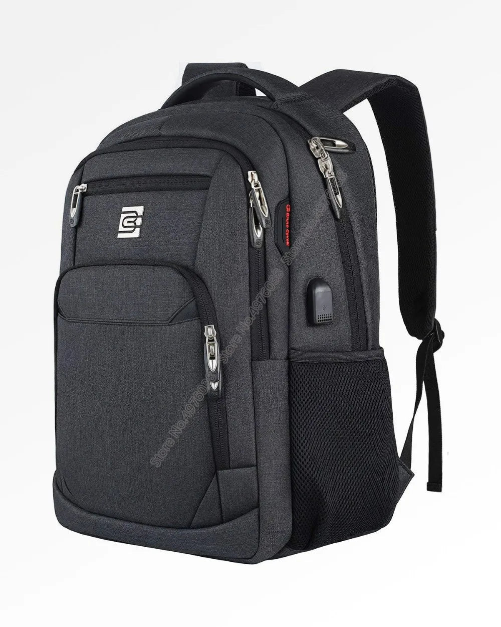 A dark gray business travel laptop backpack with multiple compartments and straps.