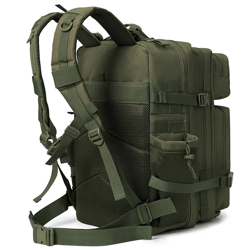 Olive green tactical backpack with MOLLE system and laptop compartment