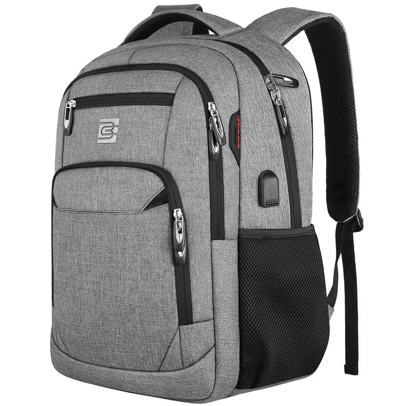 A gray business travel laptop backpack with multiple compartments and black straps.