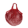 A deep red reusable organic cotton mesh grocery tote bag with a drawstring closure.