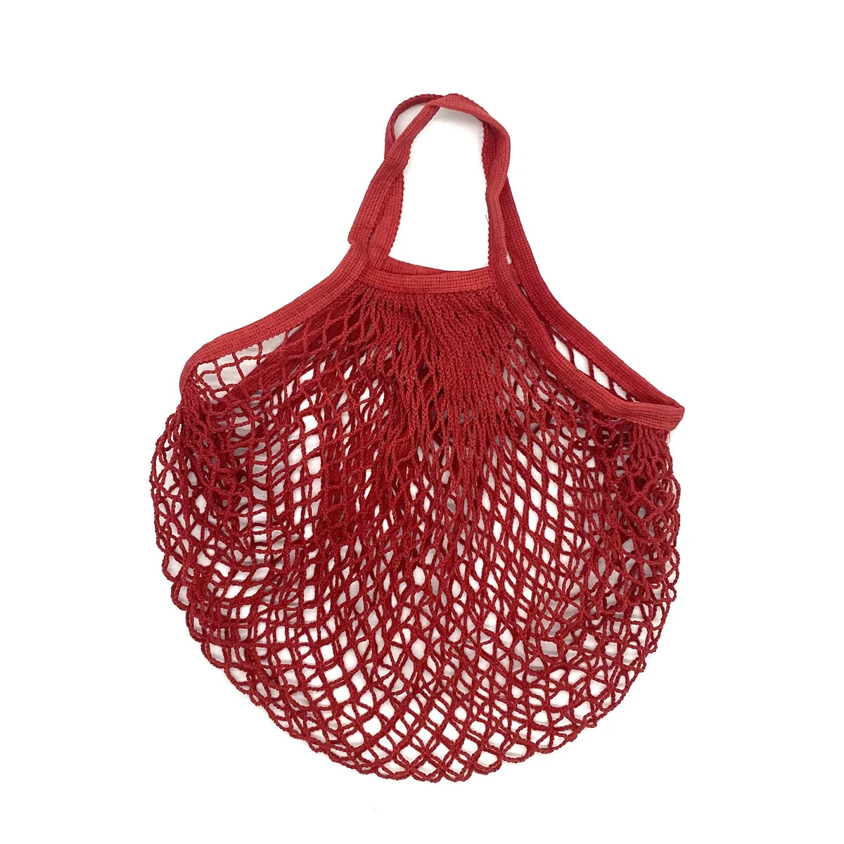 A deep red reusable organic cotton mesh grocery tote bag with a drawstring closure.