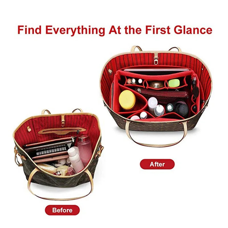 A comparison showing a before and after of a collapsible felt cosmetic organizer pouch.