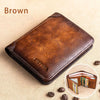 Brown genuine leather RFID blocking wallet shown in a top-down view on a light background.