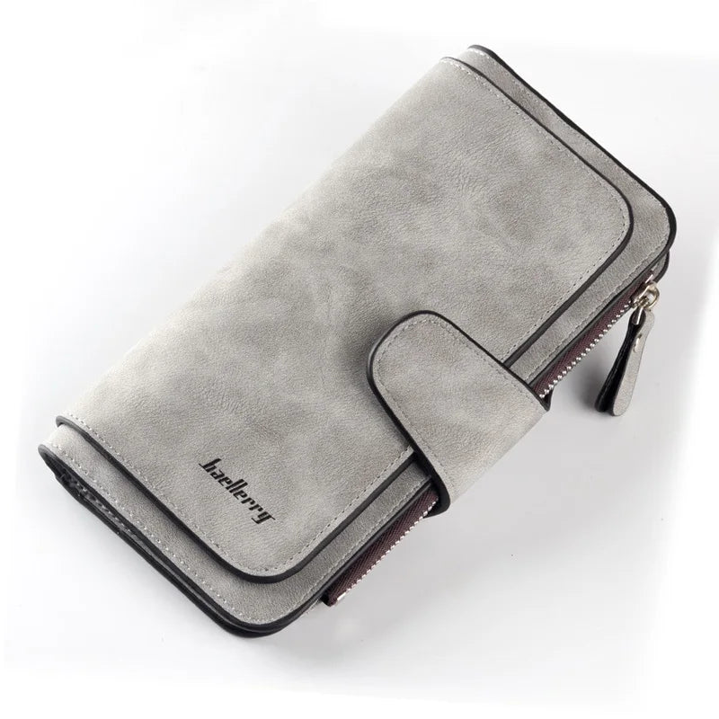 A light gray elegant PU leather card holder wallet with a stitched detail and gold-toned zipper.