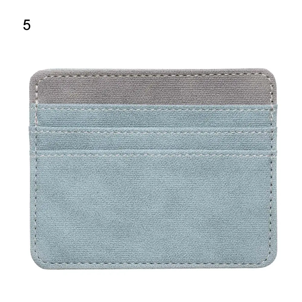 A stack of five gray and blue PU leather card holder wallets shown side by side.