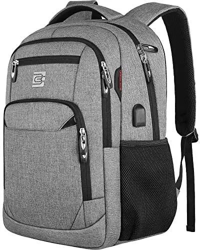 A gray business travel laptop backpack with black accents and straps.