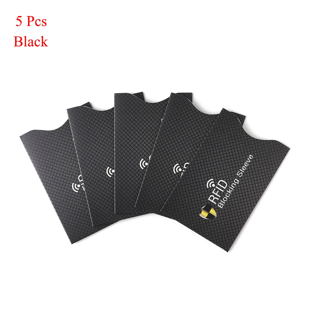 Five black RFID blocking card sleeves laid out flat