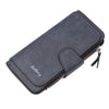 A dark blue elegant PU leather card holder wallet with a zipper closure and leather trim.