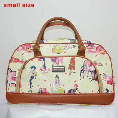 A small beige and pink patterned PU leather travel duffel bag with a brown handle.