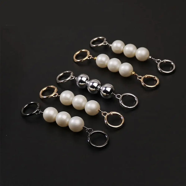 Gold and silver pearl bag strap accessories featuring various charm lengths and loops