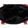Vue intérieure d'un sac bandoulière en cuir PU noir avec des accents rouges