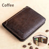 A dark brown genuine leather wallet is shown resting on a light surface with coffee beans nearby.