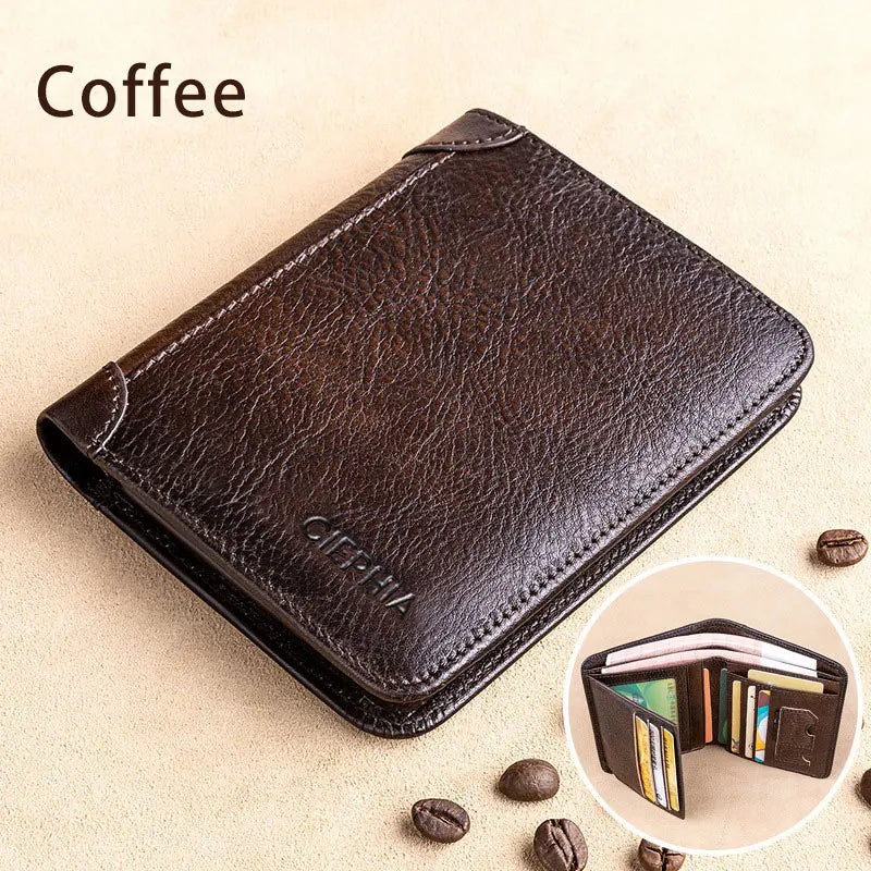 A dark brown genuine leather wallet is shown resting on a light surface with coffee beans nearby.