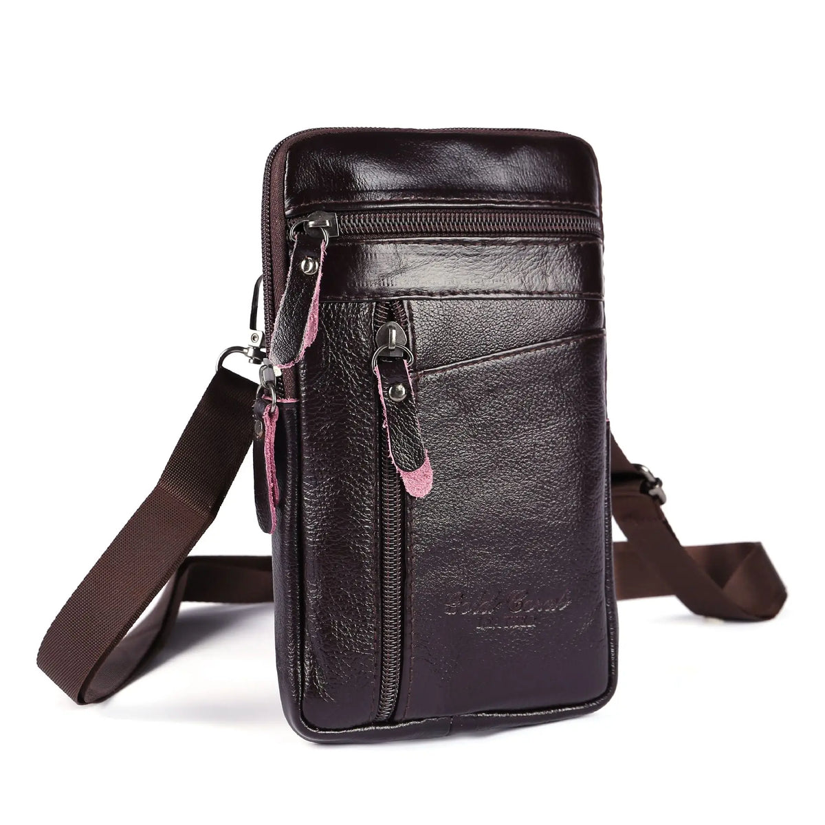 A dark brown genuine leather crossbody phone pouch with a zipper and adjustable strap.