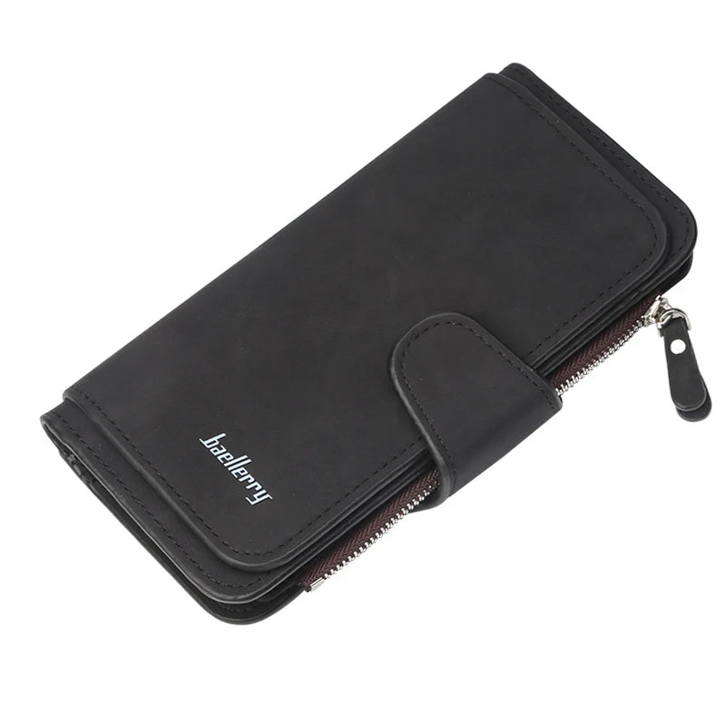 Black elegant PU leather card holder wallet with a zipper closure and leather trim.