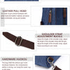 Details of a blue canvas backpack showing the new latch, leather pull head, shoulder strap adjustment buckle, hardware hookou
