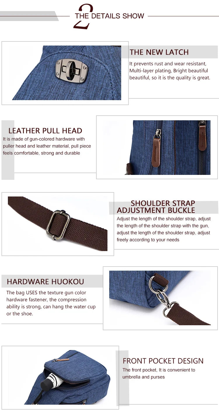 Details of a blue canvas backpack showing the new latch, leather pull head, shoulder strap adjustment buckle, hardware hookou
