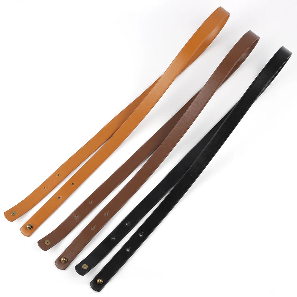 A set of five adjustable PU leather crossbody straps in various shades of brown and black.