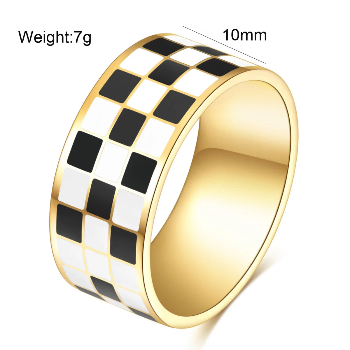 A gold-toned ring with a checkerboard pattern of black and white squares, showing its size and weight.