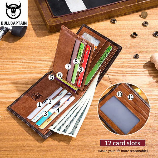 A brown leather bifold wallet displaying 12 card slots and cash, shown on a wooden surface.