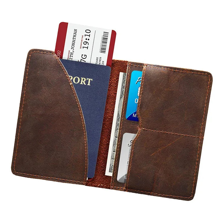 A brown genuine leather passport wallet displaying a passport and various card holders.