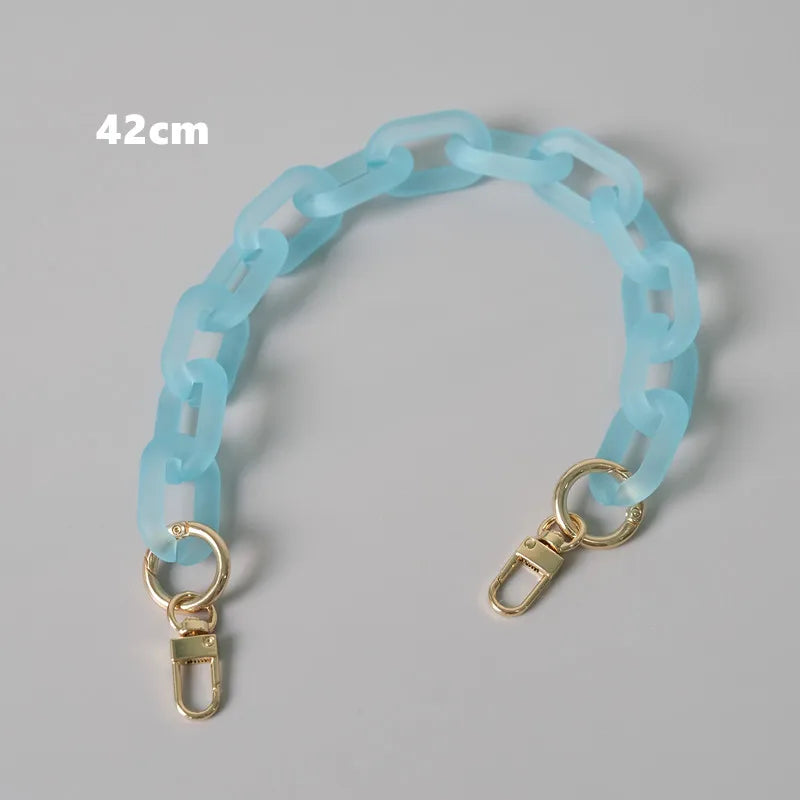 Light blue adjustable detachable chain shoulder bag with a 42cm length.