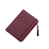 A maroon PU leather card holder wallet with a stitched edge and keychain detail.