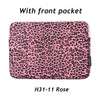 A pink leopard print laptop sleeve with a front pocket.