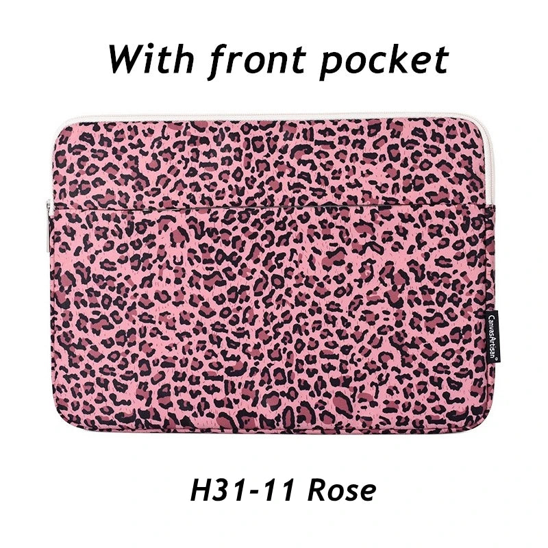 A pink leopard print laptop sleeve with a front pocket.