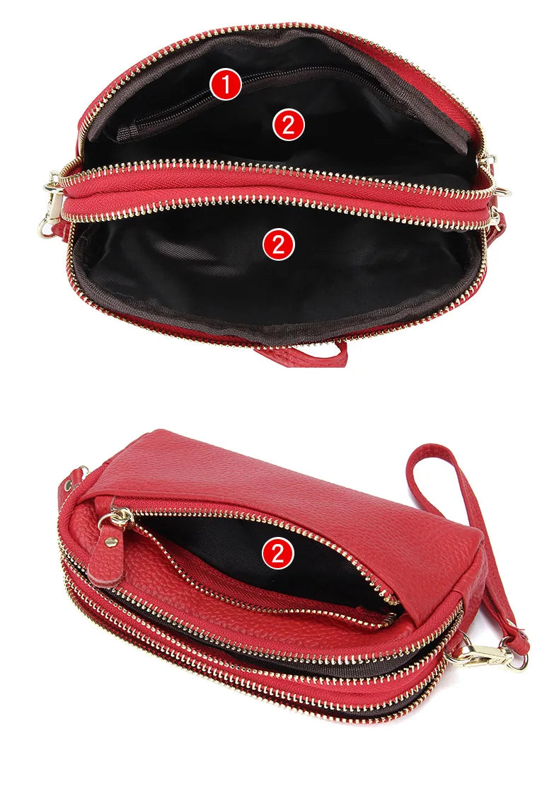 A red genuine cowhide leather double-zip wristlet wallet shown open and closed.