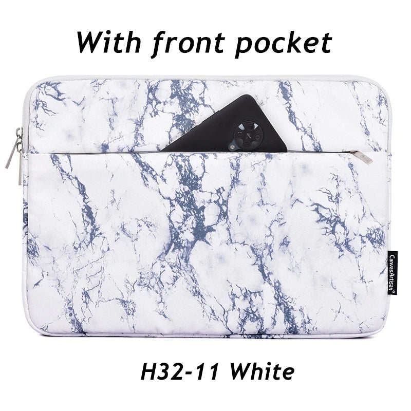 White marble patterned laptop sleeve with a front pocket for a MacBook Pro