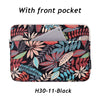 Black laptop sleeve with a front pocket featuring a tropical leaf pattern.
