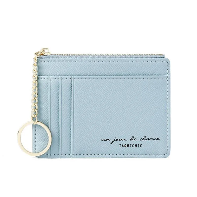 Light blue compact PU leather zip wallet with a gold chain keychain