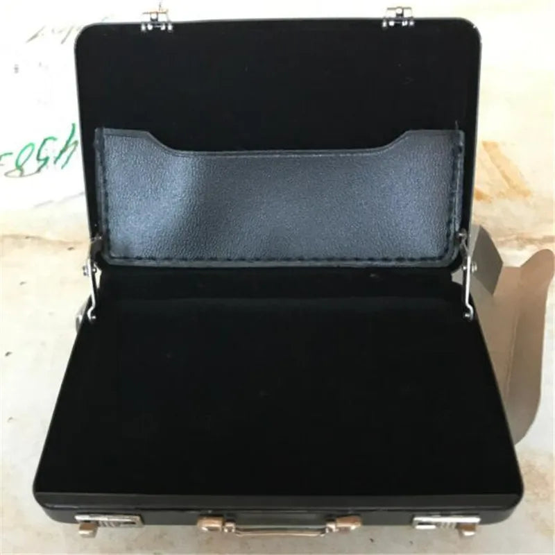 Black aluminum credit card and ID holder case with a leather interior lining