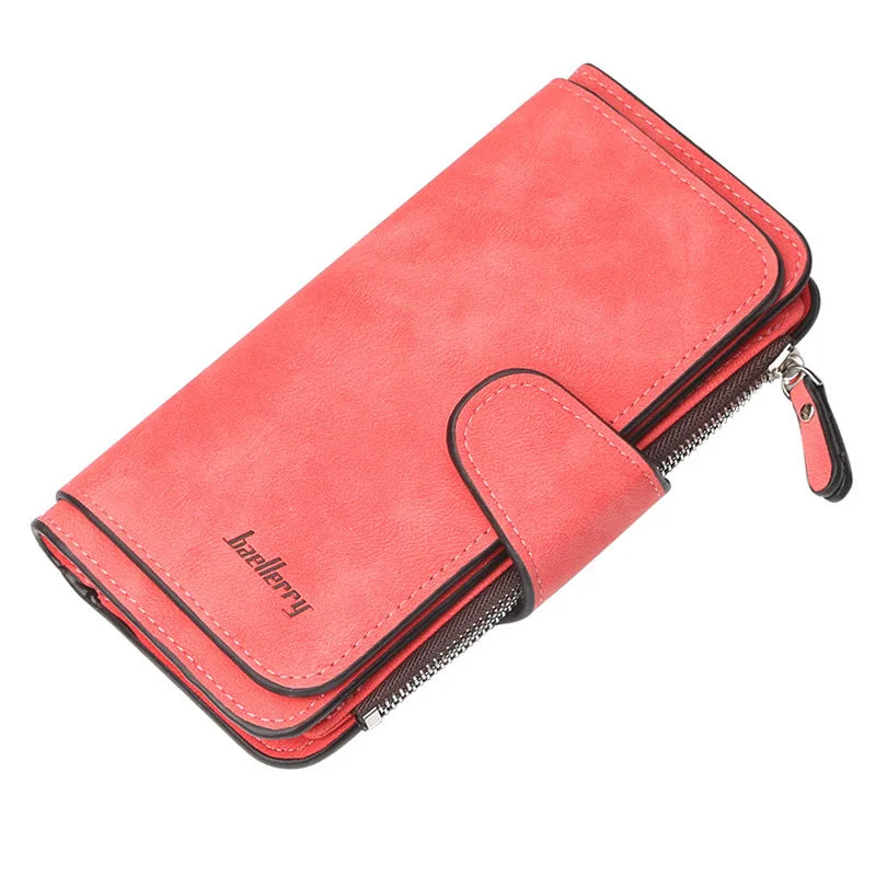 A coral pink PU leather card holder wallet with a zippered closure and a leather flap.